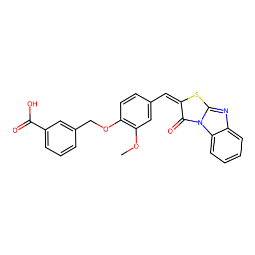 (E)-3-((2-methoxy-4-((3-oxobenzo[4,5]imidazo[2,1-b]thiazol-2(3H)-ylidene)methyl)phenoxy)methyl)benzoic acid structure