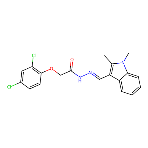 (E)-2-(2,4-dichlorophenoxy)-N'-((1,2-dimethyl-1H-indol-3-yl)methylene)acetohydrazide structure