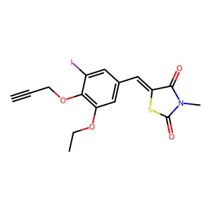 (5Z)-5-[(3-ethoxy-5-iodo-4-prop-2-ynoxyphenyl)methylidene]-3-methyl-1,3-thiazolidine-2,4-dione structure
