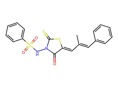 N-((Z)-5-((E)-2-methyl-3-phenylallylidene)-4-oxo-2-thioxothiazolidin-3-yl)benzenesulfonamide structure