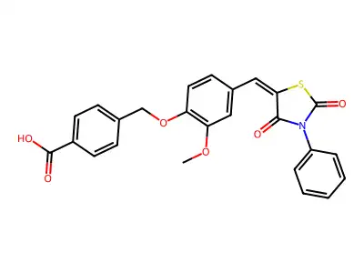 4-({4-[(E)-(2,4-dioxo-3-phenyl-1,3-thiazolidin-5-ylidene)methyl]-2-methoxyphenoxy}methyl)benzoic acid structure