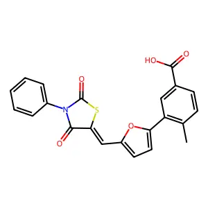 3-{5-[(Z)-(2,4-dioxo-3-phenyl-1,3-thiazolidin-5-ylidene)methyl]furan-2-yl}-4-methylbenzoic acid structure