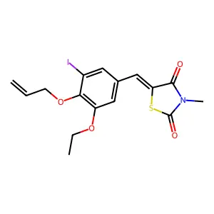(5Z)-5-[(3-ethoxy-5-iodo-4-prop-2-enoxyphenyl)methylidene]-3-methyl-1,3-thiazolidine-2,4-dione structure