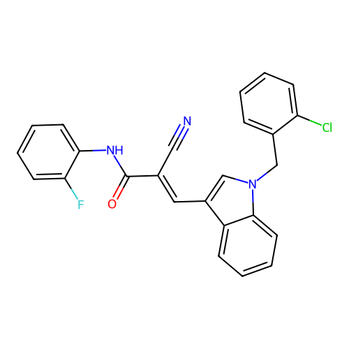 (2E)-3-[1-(2-chlorobenzyl)-1H-indol-3-yl]-2-cyano-N-(2-fluorophenyl)prop-2-enamide structure