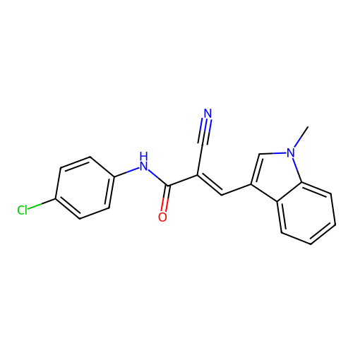 (2E)-N-(4-chlorophenyl)-2-cyano-3-(1-methylindol-3-yl)prop-2-enamide structure