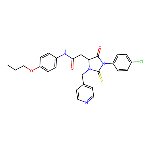 2-[1-(4-chlorophenyl)-5-oxo-3-(pyridin-4-ylmethyl)-2-thioxoimidazolidin-4-yl]-N-(4-propoxyphenyl)acetamide structure