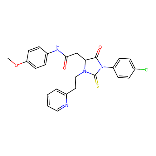 2-{1-(4-chlorophenyl)-5-oxo-3-[2-(pyridin-2-yl)ethyl]-2-thioxoimidazolidin-4-yl}-N-(4-methoxyphenyl)acetamide structure