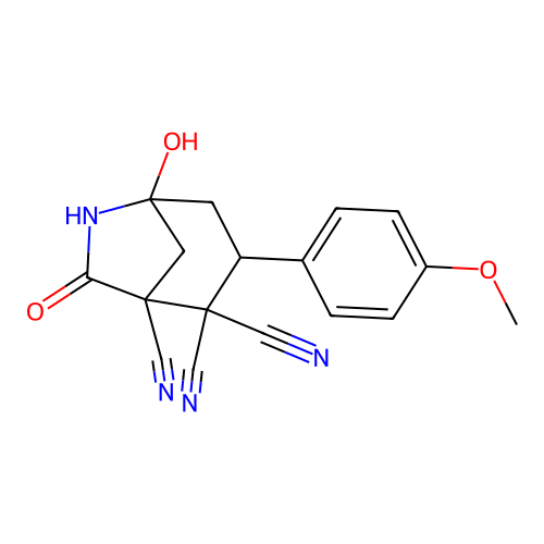 5-hydroxy-3-(4-methoxyphenyl)-7-oxo-6-azabicyclo[3.2.1]octane-1,2,2-tricarbonitrile structure