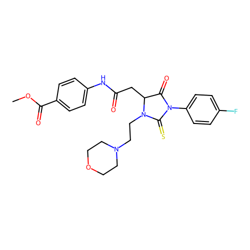 methyl 4-[({1-(4-fluorophenyl)-3-[2-(morpholin-4-yl)ethyl]-5-oxo-2-thioxoimidazolidin-4-yl}acetyl)amino]benzoate structure