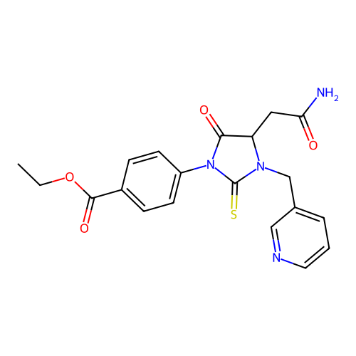 ethyl 4-[4-(2-amino-2-oxoethyl)-5-oxo-3-(pyridin-3-ylmethyl)-2-thioxoimidazolidin-1-yl]benzoate structure