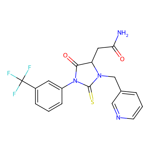 2-{5-oxo-3-(pyridin-3-ylmethyl)-2-thioxo-1-[3-(trifluoromethyl)phenyl]imidazolidin-4-yl}acetamide structure