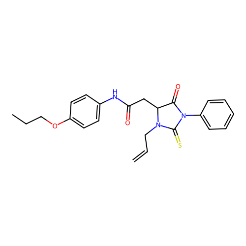 2-[5-oxo-1-phenyl-3-(prop-2-en-1-yl)-2-thioxoimidazolidin-4-yl]-N-(4-propoxyphenyl)acetamide structure