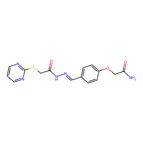 (E)-2-(4-((2-(2-(pyrimidin-2-ylthio)acetyl)hydrazono)methyl)phenoxy)acetamide structure