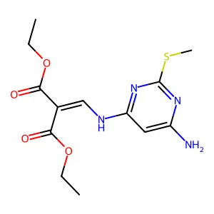 diethyl 2-[[(6-amino-2-methylsulfanylpyrimidin-4-yl)amino]methylidene]propanedioate structure