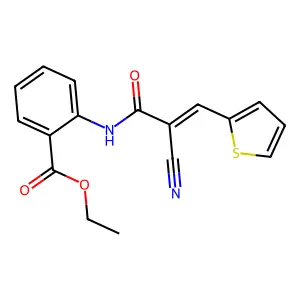 (E)-ethyl 2-(2-cyano-3-(thiophen-2-yl)acrylamido)benzoate structure