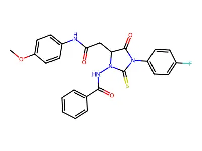 N-[3-(4-fluorophenyl)-5-[2-(4-methoxyanilino)-2-oxoethyl]-4-oxo-2-sulfanylideneimidazolidin-1-yl]benzamide structure