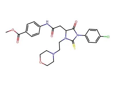 methyl 4-[({1-(4-chlorophenyl)-3-[2-(morpholin-4-yl)ethyl]-5-oxo-2-thioxoimidazolidin-4-yl}acetyl)amino]benzoate structure