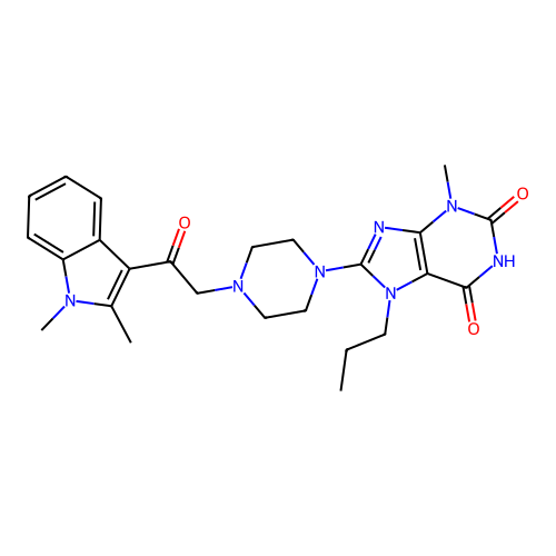 8-(4-(2-(1,2-dimethyl-1H-indol-3-yl)-2-oxoethyl)piperazin-1-yl)-3-methyl-7-propyl-1H-purine-2,6(3H,7H)-dione structure