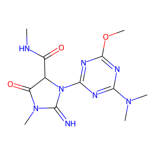 3-(4-(dimethylamino)-6-methoxy-1,3,5-triazin-2-yl)-2-imino-N,1-dimethyl-5-oxoimidazolidine-4-carboxamide structure