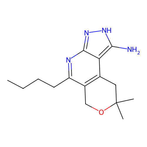 5-butyl-8,8-dimethyl-2,6,8,9-tetrahydropyrano[4,3-d]pyrazolo[3,4-b]pyridin-1-amine structure