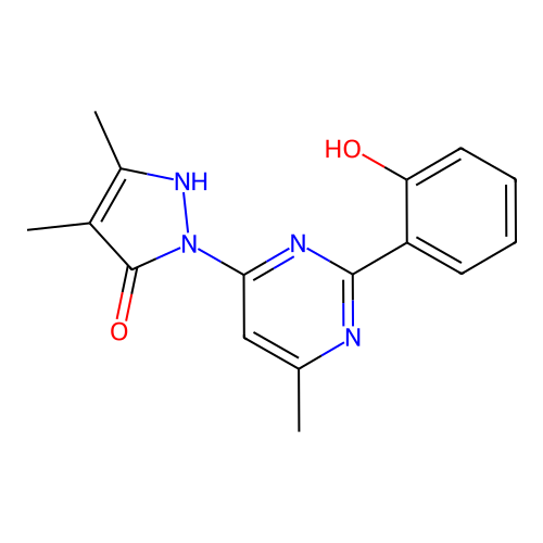 2-(2-(2-hydroxyphenyl)-6-methylpyrimidin-4-yl)-4,5-dimethyl-1H-pyrazol-3(2H)-one structure