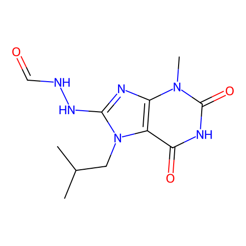 N-[[3-methyl-7-(2-methylpropyl)-2,6-dioxopurin-8-yl]amino]formamide structure