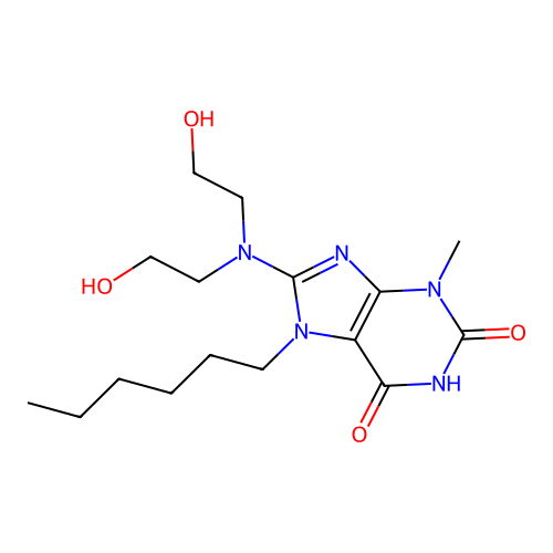 8-[bis(2-hydroxyethyl)amino]-7-hexyl-3-methyl-3,7-dihydro-1H-purine-2,6-dione structure