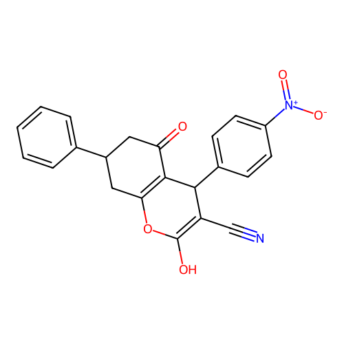 2-hydroxy-4-(4-nitrophenyl)-5-oxo-7-phenyl-5,6,7,8-tetrahydro-4H-chromene-3-carbonitrile structure