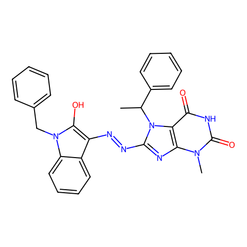 (E)-8-(2-(1-benzyl-2-oxoindolin-3-ylidene)hydrazinyl)-3-methyl-7-(1-phenylethyl)-1H-purine-2,6(3H,7H)-dione structure