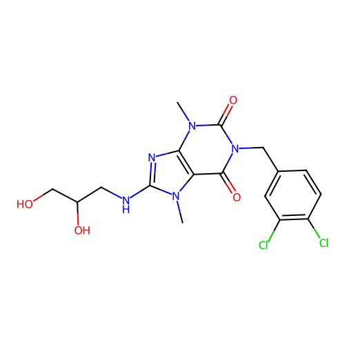 1-(3,4-dichlorobenzyl)-8-((2,3-dihydroxypropyl)amino)-3,7-dimethyl-1H-purine-2,6(3H,7H)-dione structure
