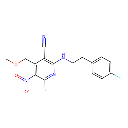 2-((4-fluorophenethyl)amino)-4-(methoxymethyl)-6-methyl-5-nitronicotinonitrile structure