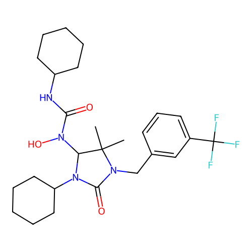 3-cyclohexyl-1-(3-cyclohexyl-5,5-dimethyl-2-oxo-1-(3-(trifluoromethyl)benzyl)imidazolidin-4-yl)-1-hydroxyurea structure
