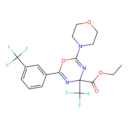 ethyl 2-(morpholin-4-yl)-4-(trifluoromethyl)-6-[3-(trifluoromethyl)phenyl]-4H-1,3,5-oxadiazine-4-carboxylate structure