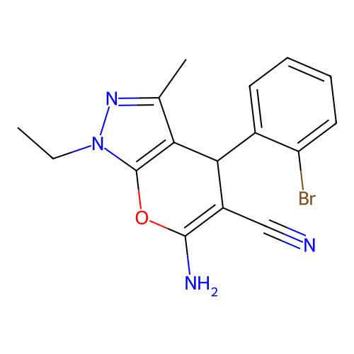 6-amino-4-(2-bromophenyl)-1-ethyl-3-methyl-1,4-dihydropyrano[2,3-c]pyrazole-5-carbonitrile structure
