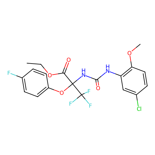 ethyl 2-(3-(5-chloro-2-methoxyphenyl)ureido)-3,3,3-trifluoro-2-(4-fluorophenoxy)propanoate structure