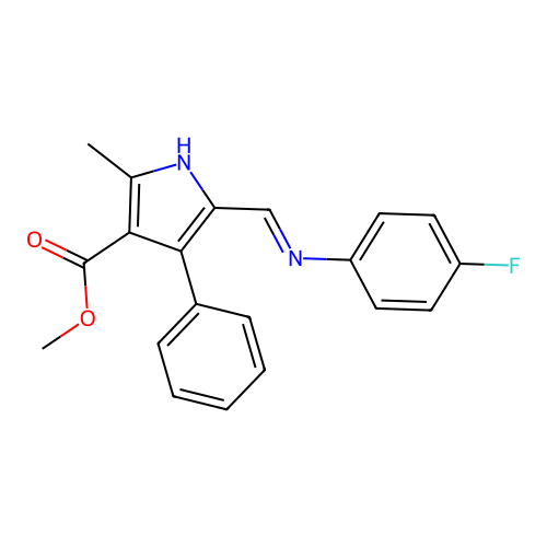 (E)-methyl 5-(((4-fluorophenyl)imino)methyl)-2-methyl-4-phenyl-1H-pyrrole-3-carboxylate structure