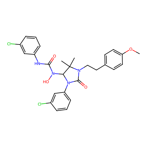 3-(3-chlorophenyl)-1-(3-(3-chlorophenyl)-1-(4-methoxyphenethyl)-5,5-dimethyl-2-oxoimidazolidin-4-yl)-1-hydroxyurea structure