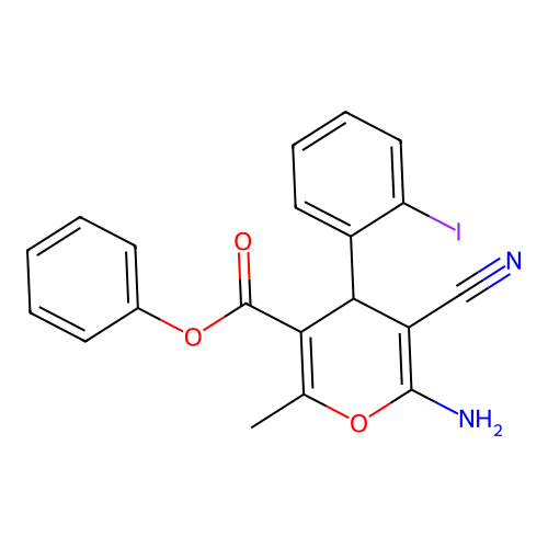 Phenyl 6-amino-5-cyano-4-(2-iodophenyl)-2-methyl-4H-pyran-3-carboxylate structure
