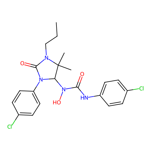 3-(4-chlorophenyl)-1-(3-(4-chlorophenyl)-5,5-dimethyl-2-oxo-1-propylimidazolidin-4-yl)-1-hydroxyurea structure