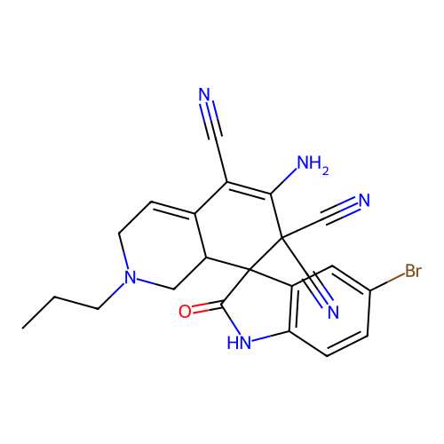 6'-amino-5-bromo-2-oxo-2'-propyl-2',3'-dihydro-1'H-spiro[indoline-3,8'-isoquinoline]-5',7',7'(8a'H)-tricarbonitrile structure