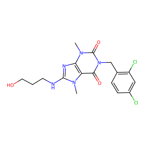 1-[(2,4-dichlorophenyl)methyl]-8-(3-hydroxypropylamino)-3,7-dimethylpurine-2,6-dione structure