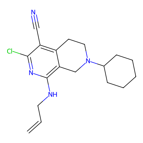 3-chloro-7-cyclohexyl-1-(prop-2-enylamino)-6,8-dihydro-5H-2,7-naphthyridine-4-carbonitrile structure