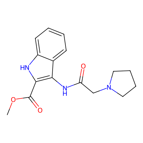 methyl 3-[(pyrrolidin-1-ylacetyl)amino]-1H-indole-2-carboxylate structure