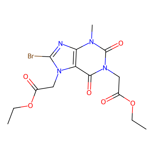 diethyl 2,2'-(8-bromo-3-methyl-2,6-dioxo-2,3-dihydro-1H-purine-1,7(6H)-diyl)diacetate structure
