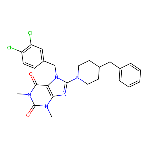 8-(4-benzyl-1-piperidyl)-7-[(3,4-dichlorophenyl)methyl]-1,3-dimethyl-purine-2,6-dione structure