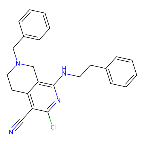 7-benzyl-3-chloro-1-(phenethylamino)-6,8-dihydro-5H-2,7-naphthyridine-4-carbonitrile structure