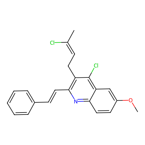 4-chloro-3-((Z)-3-chlorobut-2-en-1-yl)-6-methoxy-2-((E)-styryl)quinoline structure