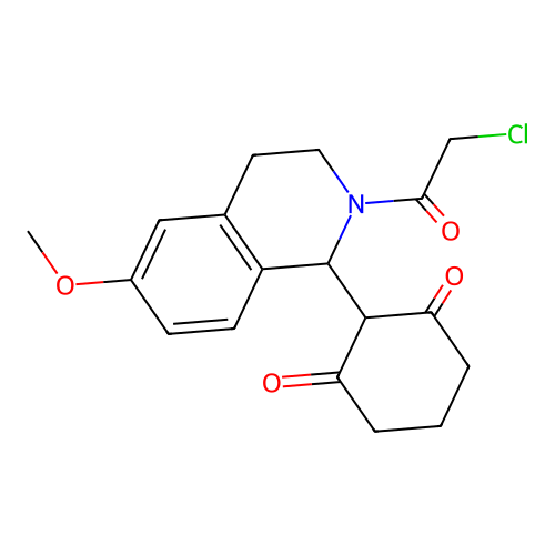 2-(2-(2-chloroacetyl)-6-methoxy-1,2,3,4-tetrahydroisoquinolin-1-yl)cyclohexane-1,3-dione structure