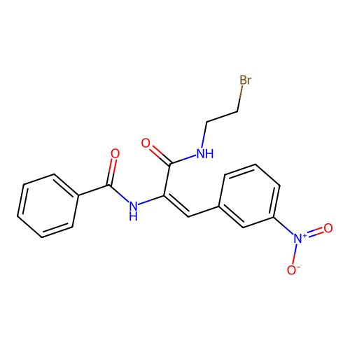 N-[(1E)-3-[(2-bromoethyl)amino]-1-(3-nitrophenyl)-3-oxoprop-1-en-2-yl]benzamide structure