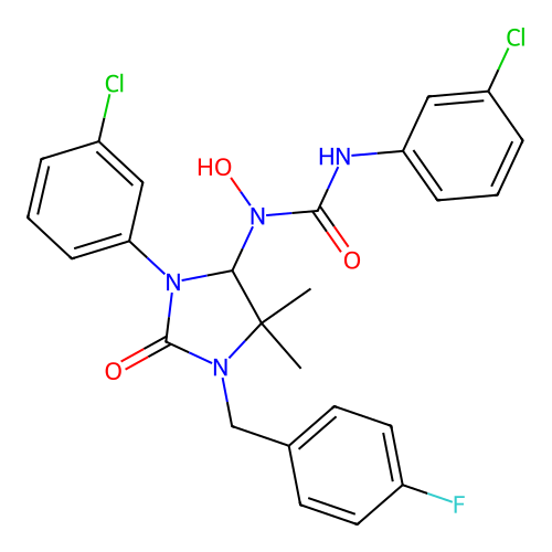 3-(3-chlorophenyl)-1-(3-(3-chlorophenyl)-1-(4-fluorobenzyl)-5,5-dimethyl-2-oxoimidazolidin-4-yl)-1-hydroxyurea structure